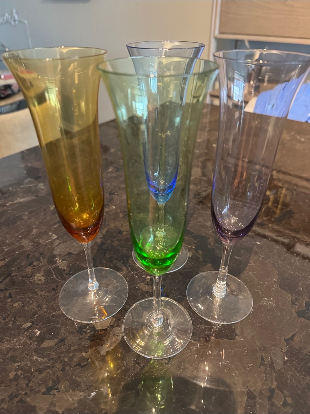 Set of 4 Colored Champagne Flutes - Green, Amber, Purple, Blue - Picture 2 of 2